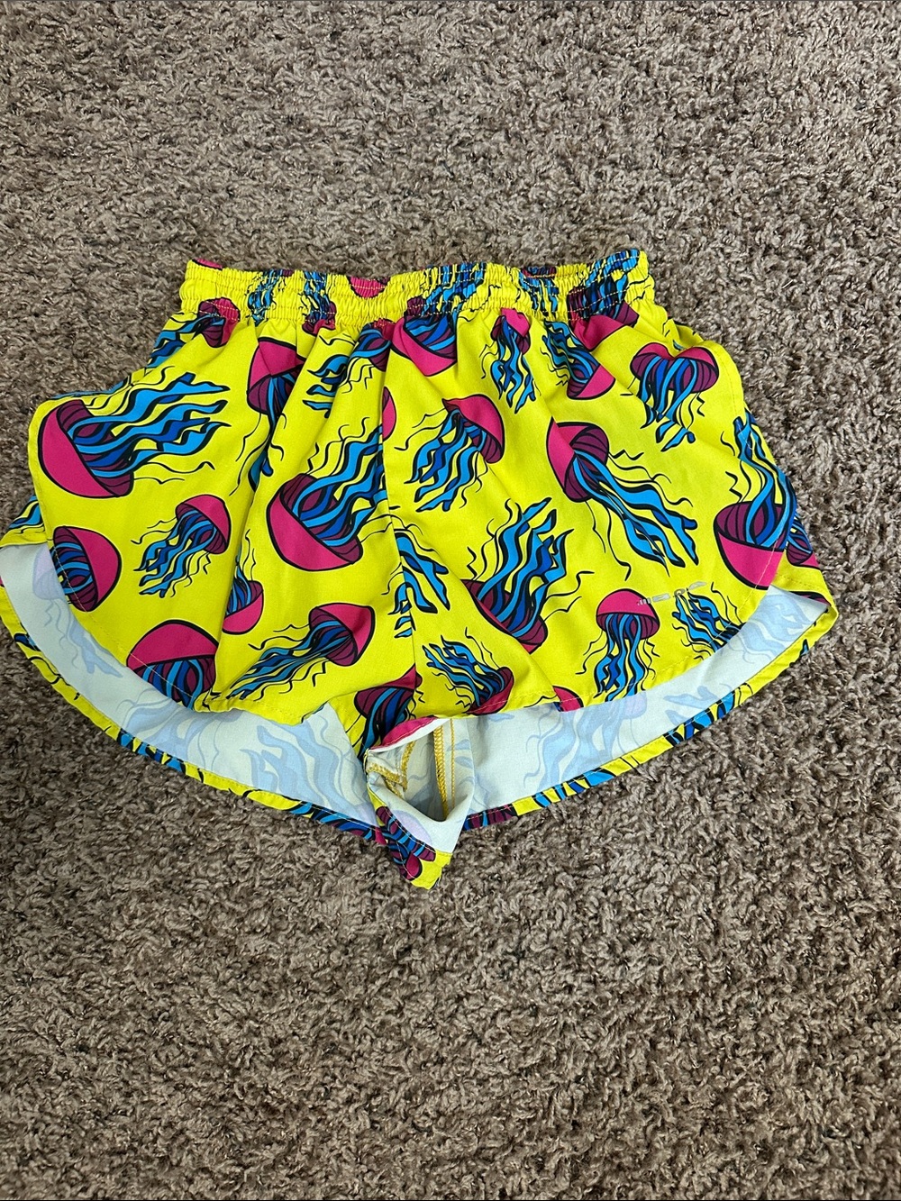 Men's Yellow Athletic Shorts with Pink & Blue Jellyfish Print